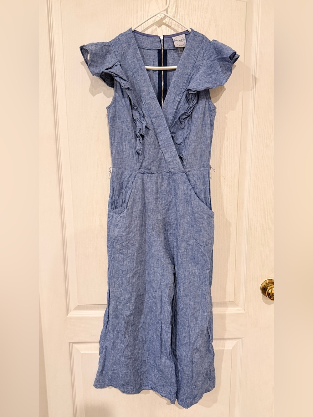 Chambray Ruffle-Trim Jumpsuit in Light Blue